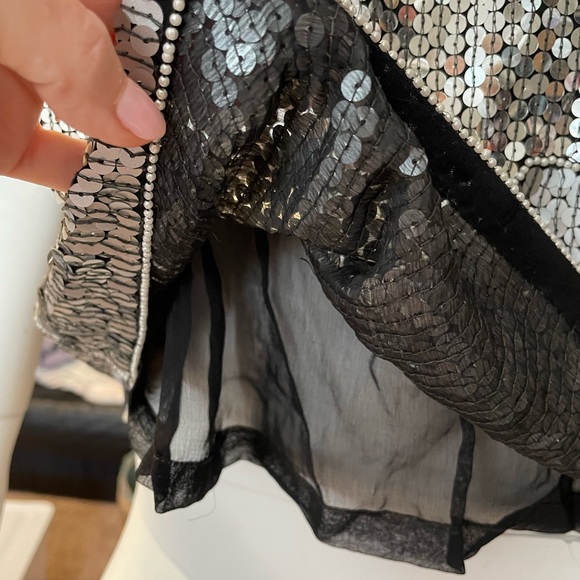 New designer Silver metallic sequins beaded silk blouse short-sleeve top Vintage - Picture 4 of 12